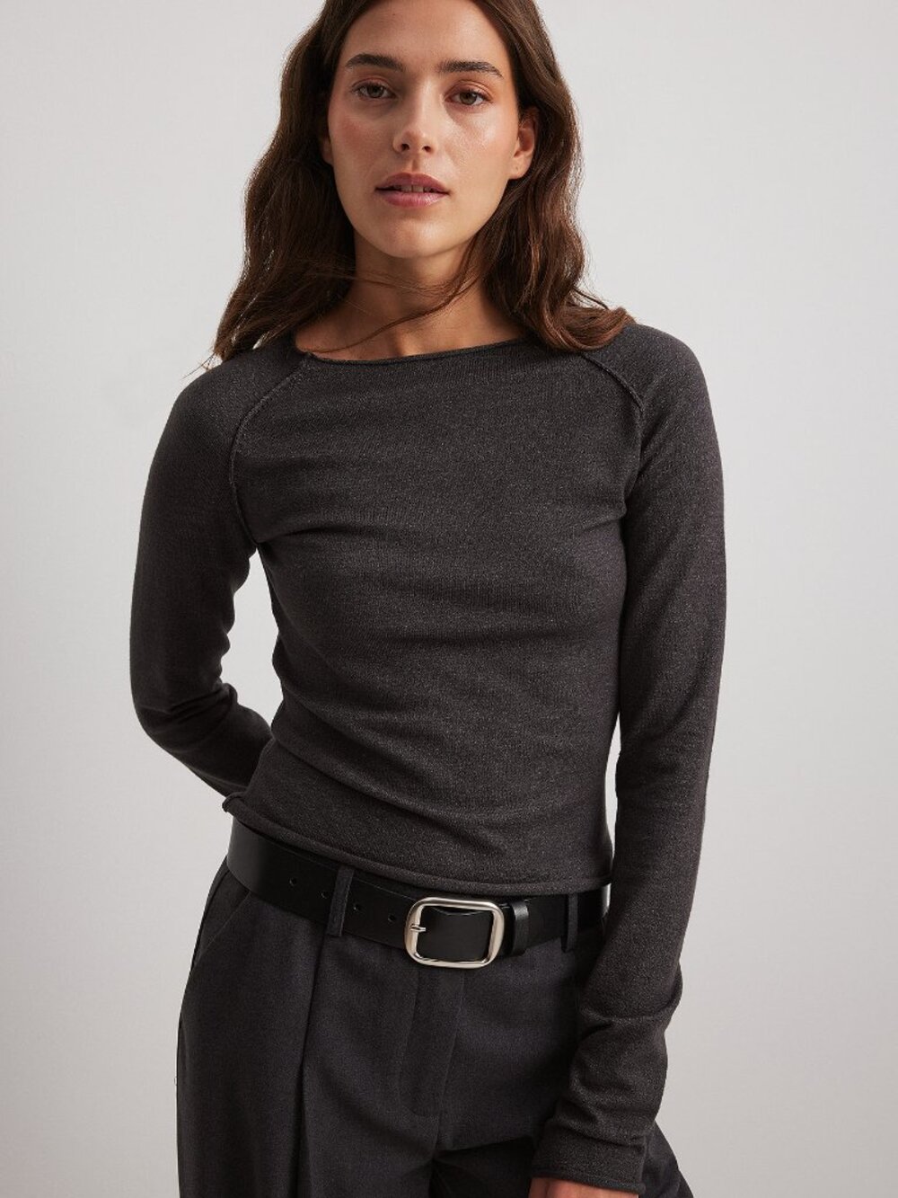 Claire Rose x NA-KD Charcoal Gray Cropped Long Sleeve Top | Size L